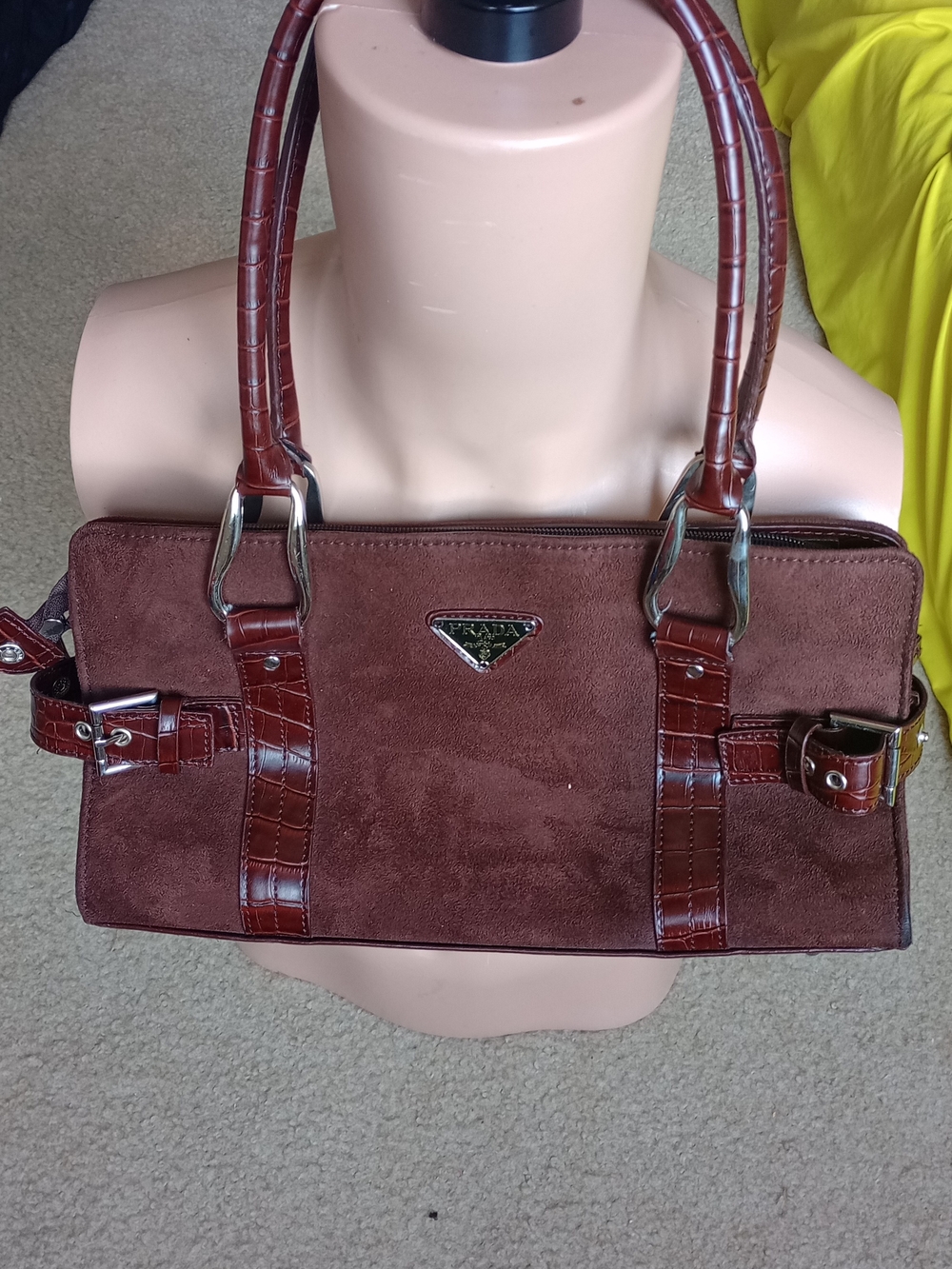 Prada Brown Suede and Croc-Embossed Leather Shoulder Bag